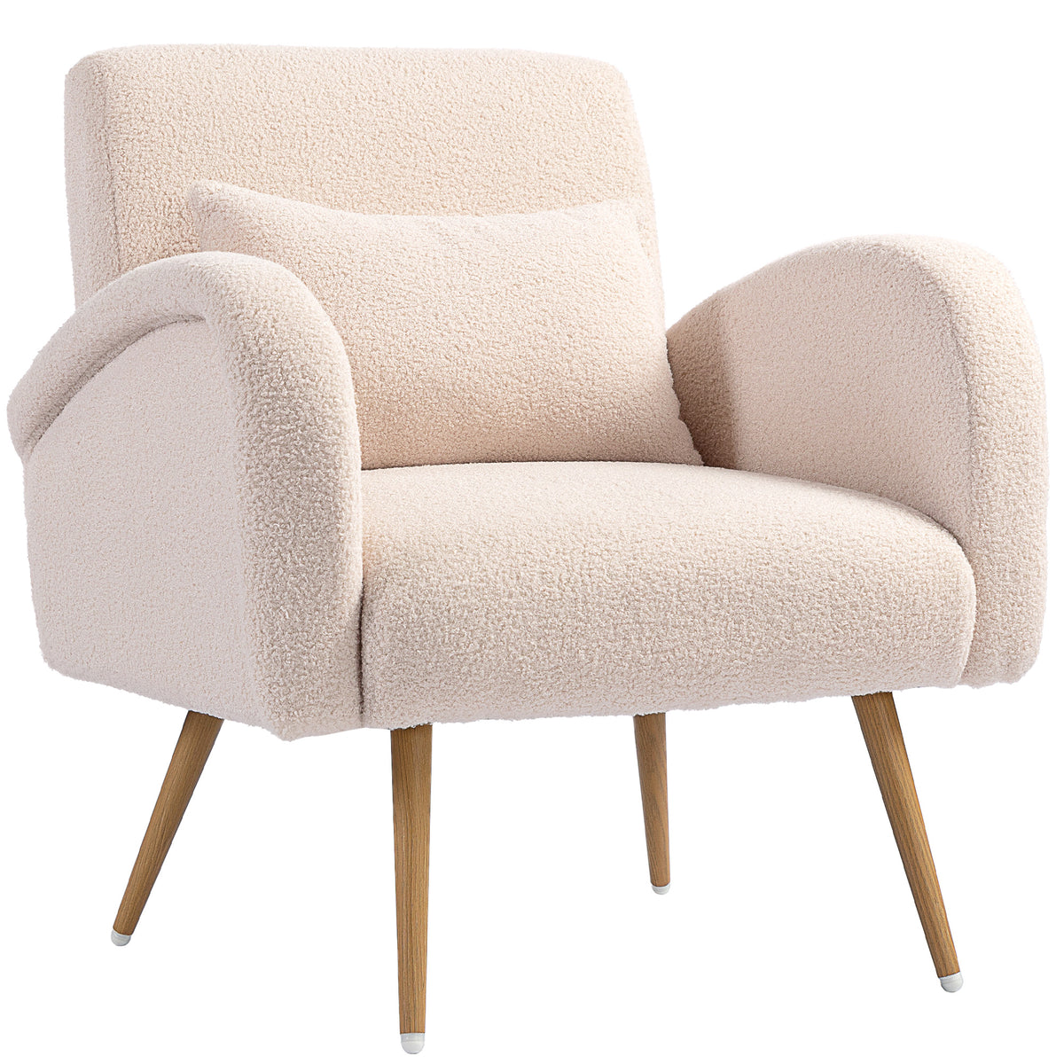 Fauteuil de salon en tissu Teddy, chaise rembourrée, assise large, coussin lombaire, pieds en métal effet bois, beige-0