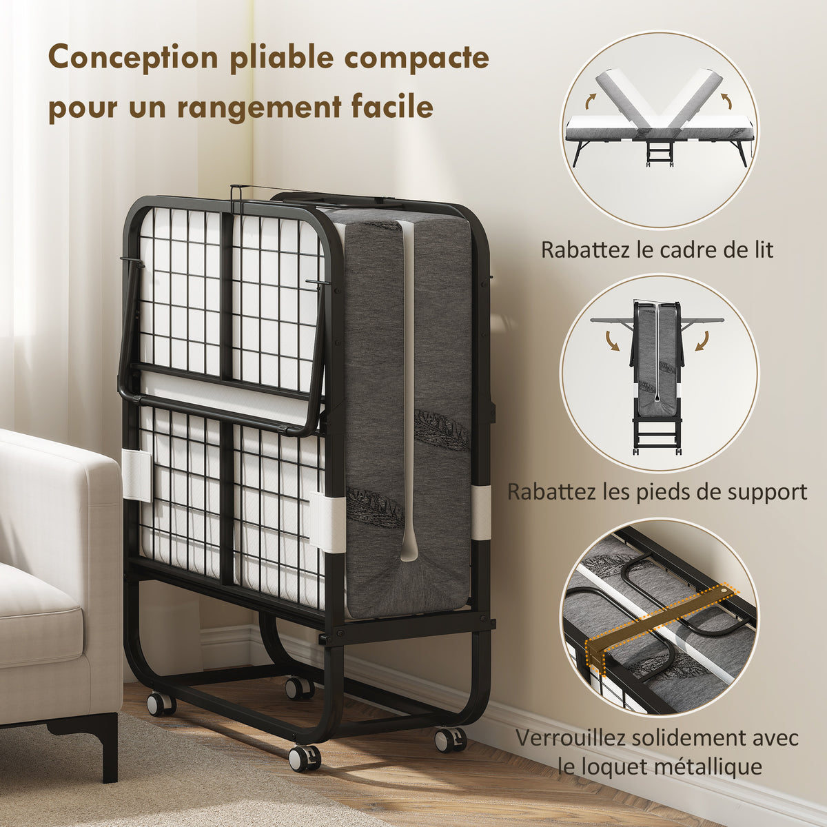 Lit pliant 1 personne 200 x 80 cm avec matelas, lit d'appoint pliable et portable sur roulettes, cadre en acier, blanc-5