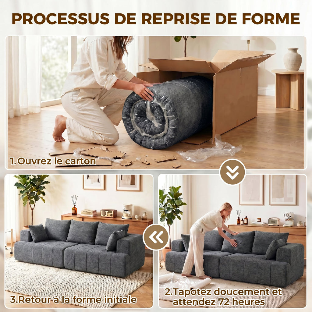 Canapé 3 places en chenille 248 cm, canapé salon moderne, large assise rembourrée, coussins à ressorts, gris-6