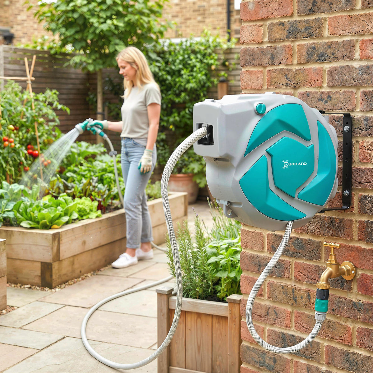 Enrouleur Tuyau Arrosage Mural Automatique 10 + 1 m, Pivotant 180°, Buse à 7 Modes, pour Jardin, 28x14x34cm, Vert-9