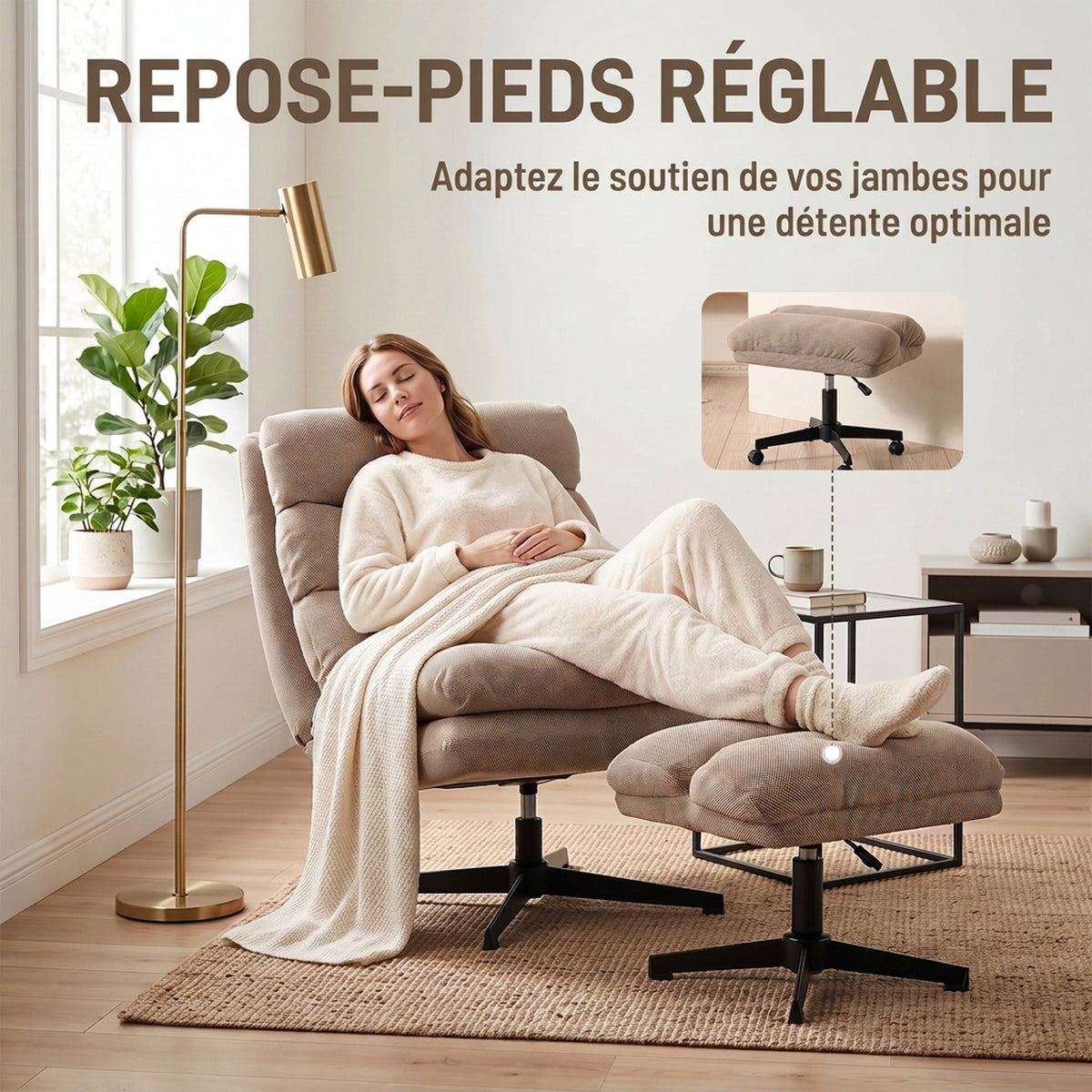 Fauteuil de Salon avec Repose-Pied Réglable, Rotation 360°, Fauteuil d'Appoint Capitonné en Lin, Assise Large, Marron-3