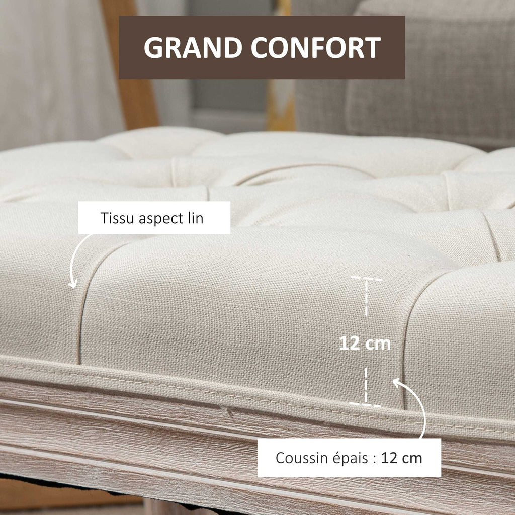 Banc Banquette classique capitonné 80cm bout de lit Rembourrée en lin - bois d'hévéa sculpté, patiné - Crème-5