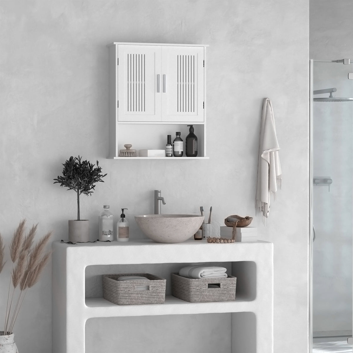 Armoire murale, meuble salle de bain avec étagère réglable, double porte et étagère ouverte, 60 x 20 x 70 cm, blanc-1
