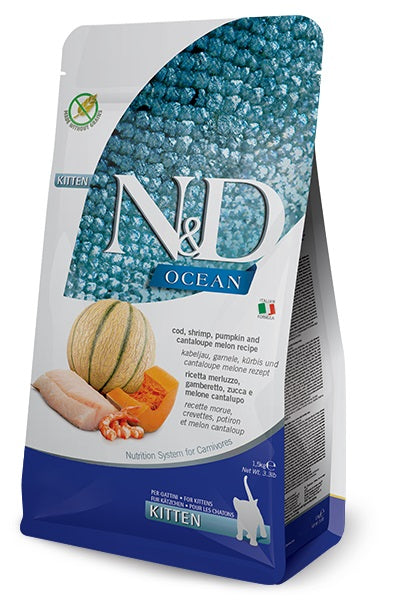 N&D CAT OCEAN KITTEN MERLUZZO, GAMBERETTO, ZUCCA & MELONE 1,5 KG.