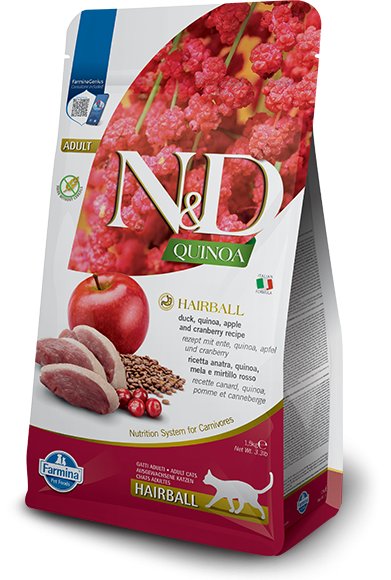 N&D CAT QUINOA HAIRBALL ANATRA, QUINOA & MELA 1,5 KG.