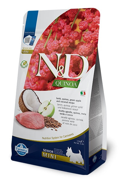 N&D DOG QUINOA SENIOR MINI AGNELLO, MELA VERDE & COCCO 1,5 KG.