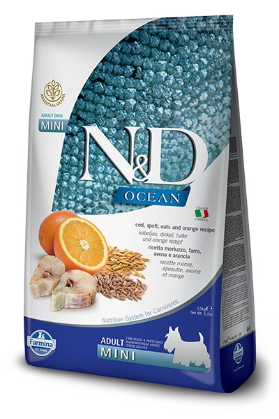 *N&D DOG OCEAN ANCESTRAL GRAIN ADULT MINI MERLUZZO & ARANCIA 2,5 KG.