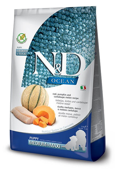 N&D DOG OCEAN PUPPY MEDIUM/MAXI MERLUZZO, ZUCCA & MELONE 2,5 KG.