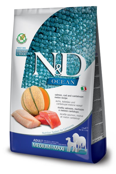 N&D DOG OCEAN ADULT MEDIUM/MAXI SALMONE, MERLUZZO & MELONE 2,5 KG.