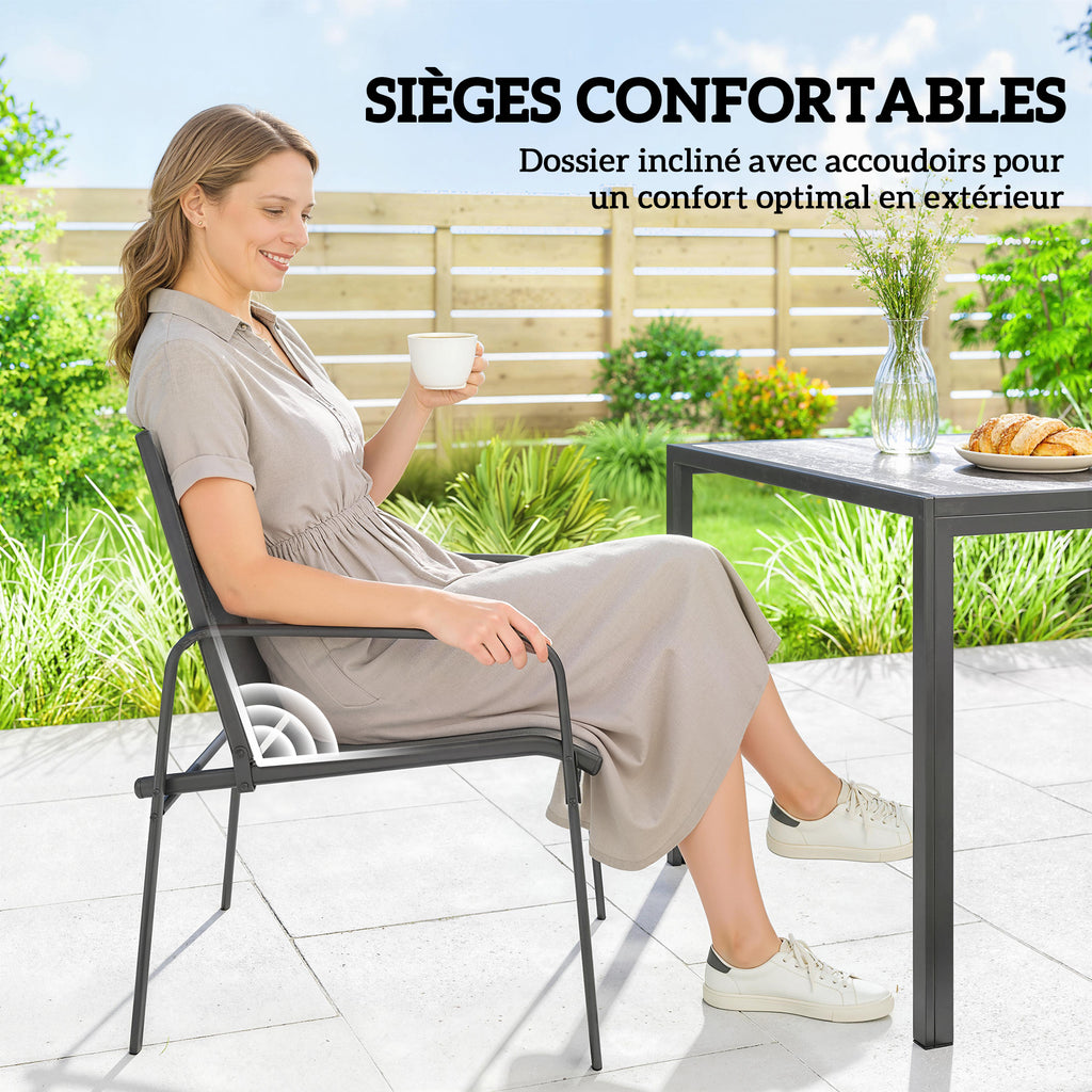 Salon de Jardin Extérieur pour 6 Personnes, Table de Patio Effet Bois et Chaises avec Assise en Maille Respirante, Cadre en Acier Galvanisé, Noir-5