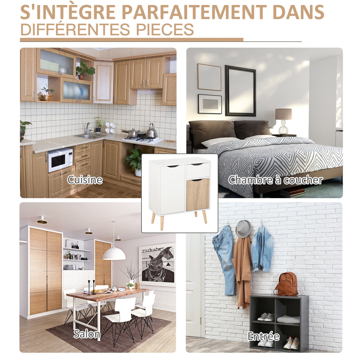 Buffet Meuble de Rangement Design scandinave 2 placards tiroir Coulissant Bois Blanc chêne Clair-5