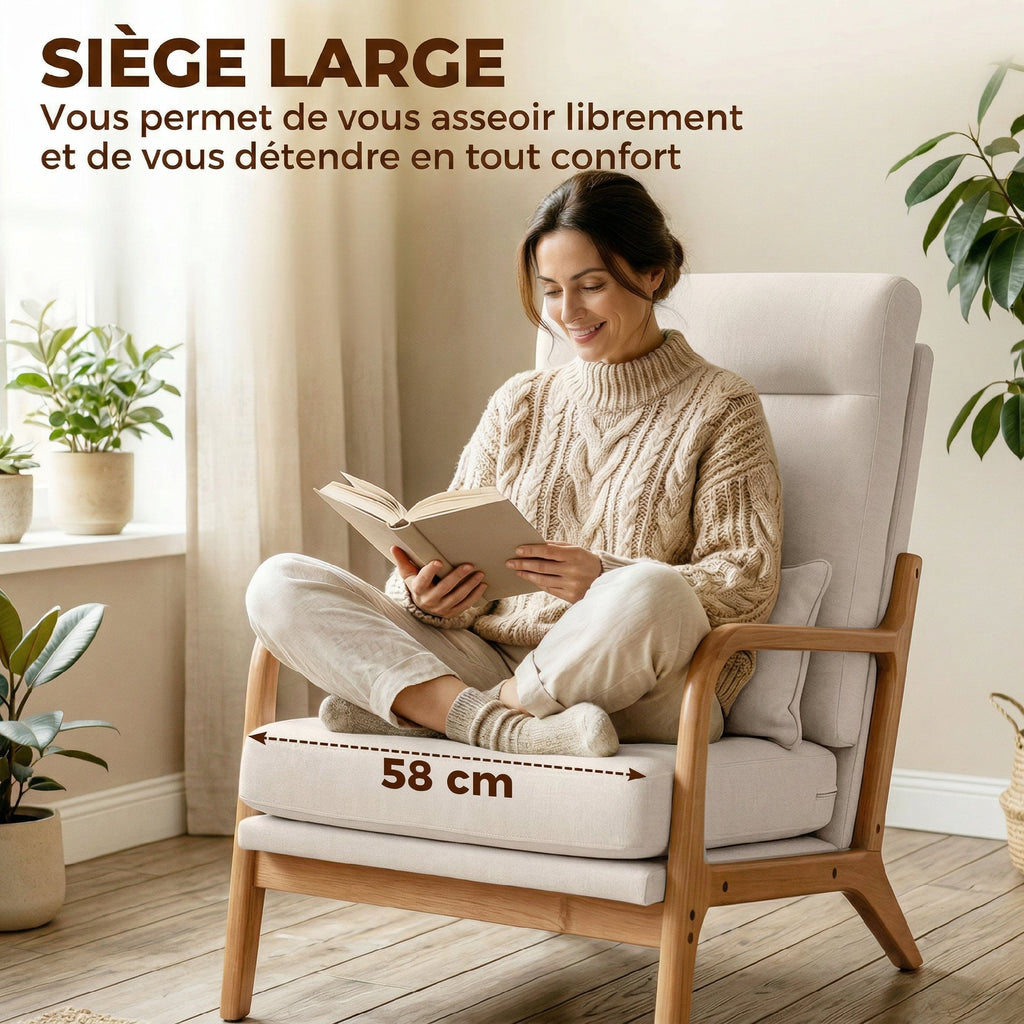 Fauteuil salon, fauteuil d'appoint rembourré en lin avec large assise, support lombaire, haut dossier, 64x86x93cm, crème-4