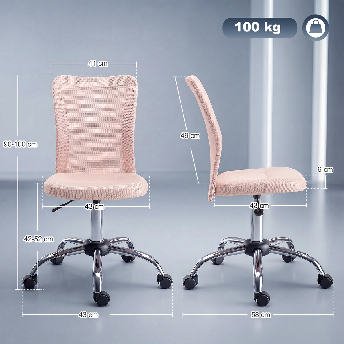 Chaise de bureau ergonomique hauteur réglable piètement chromé pivotant 360° revêtement maille rose-2