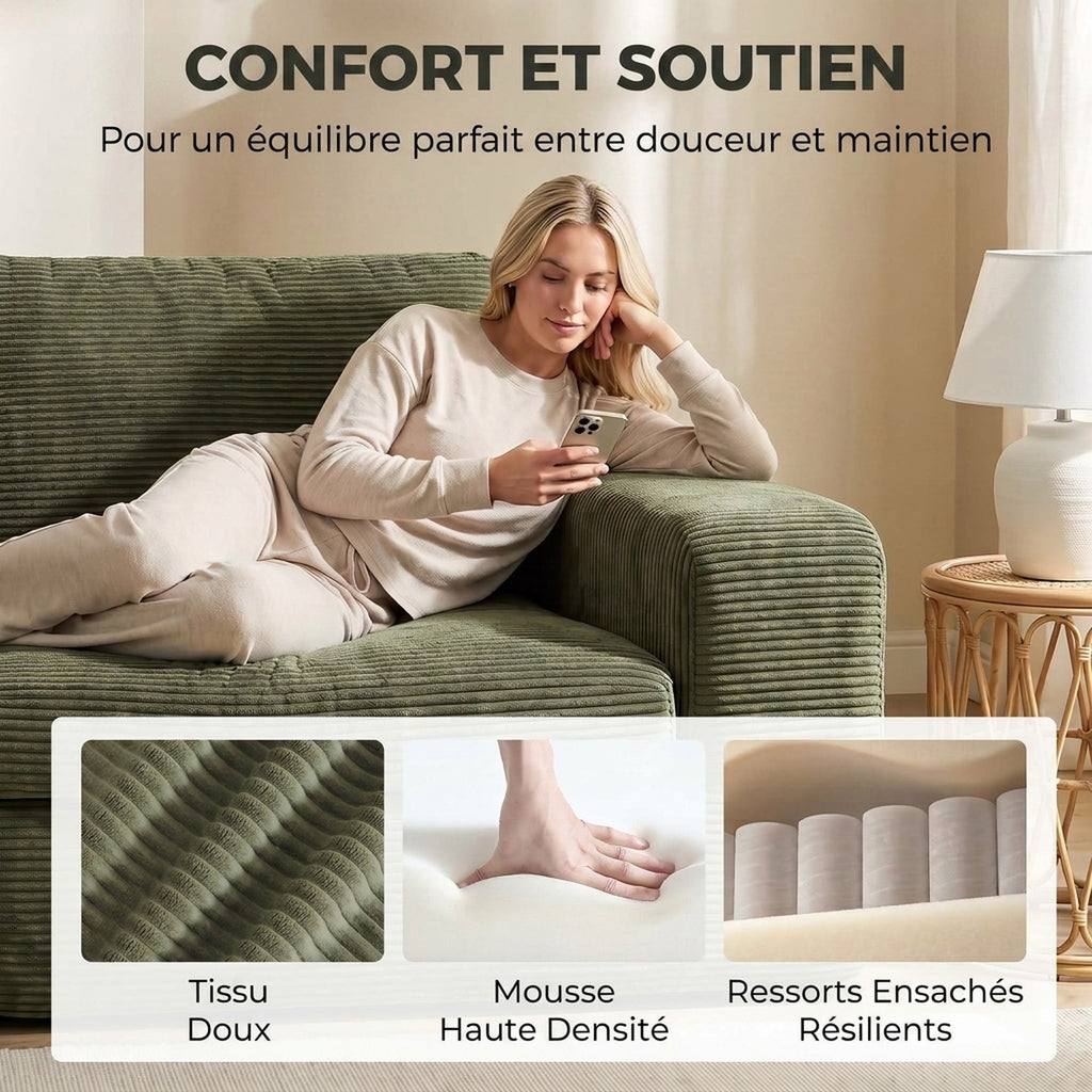 Canapé 3 Places en Velours Côtelé, Canapé de Salon Compressé Moderne 236 cm avec Coussin à Ressorts, Vert-4