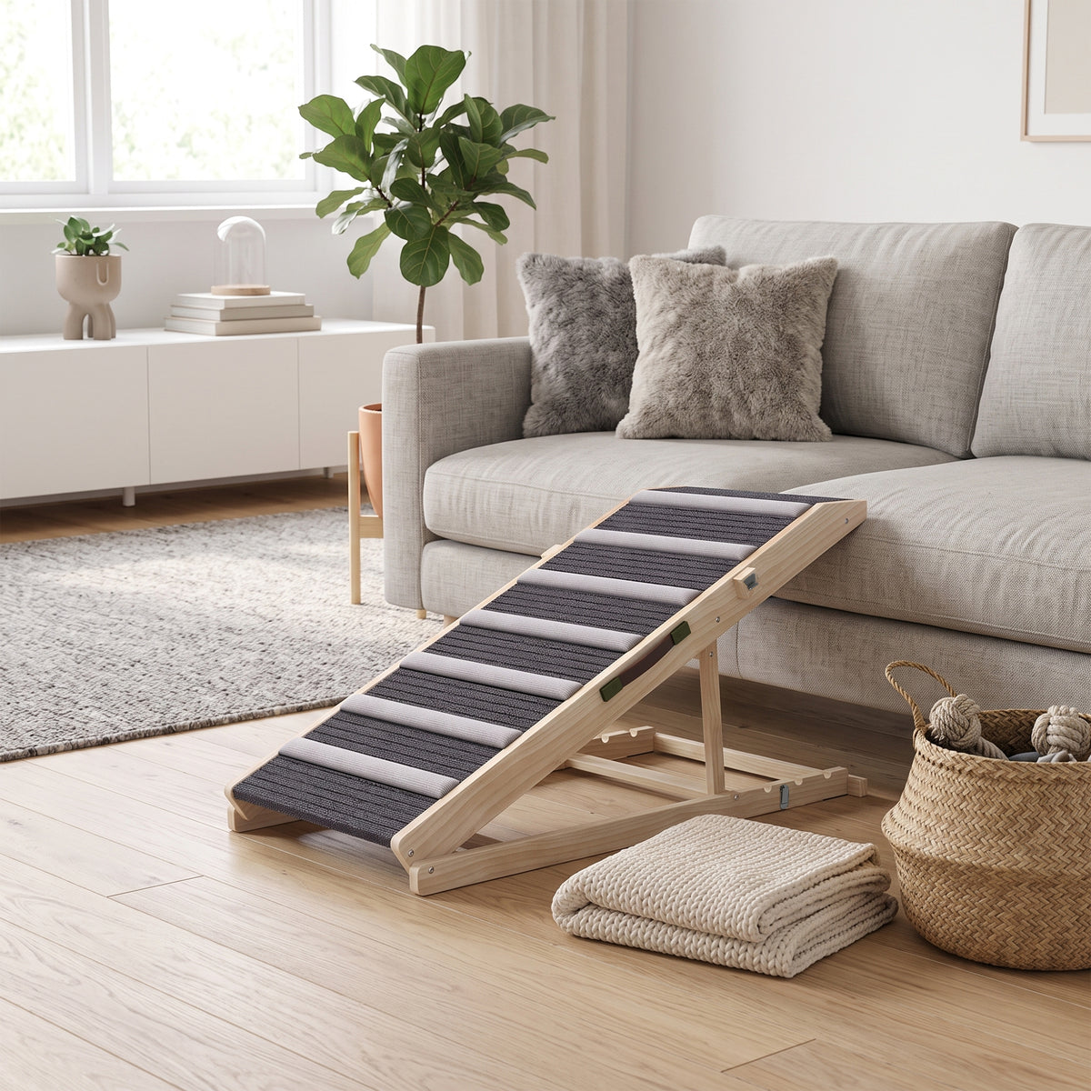 Rampe pour Chien en Bois avec Tapis Antidérapants, 4 Hauteurs Réglables de 35-50 cm, 100x50x50cm, Bois Naturel et Gris-8