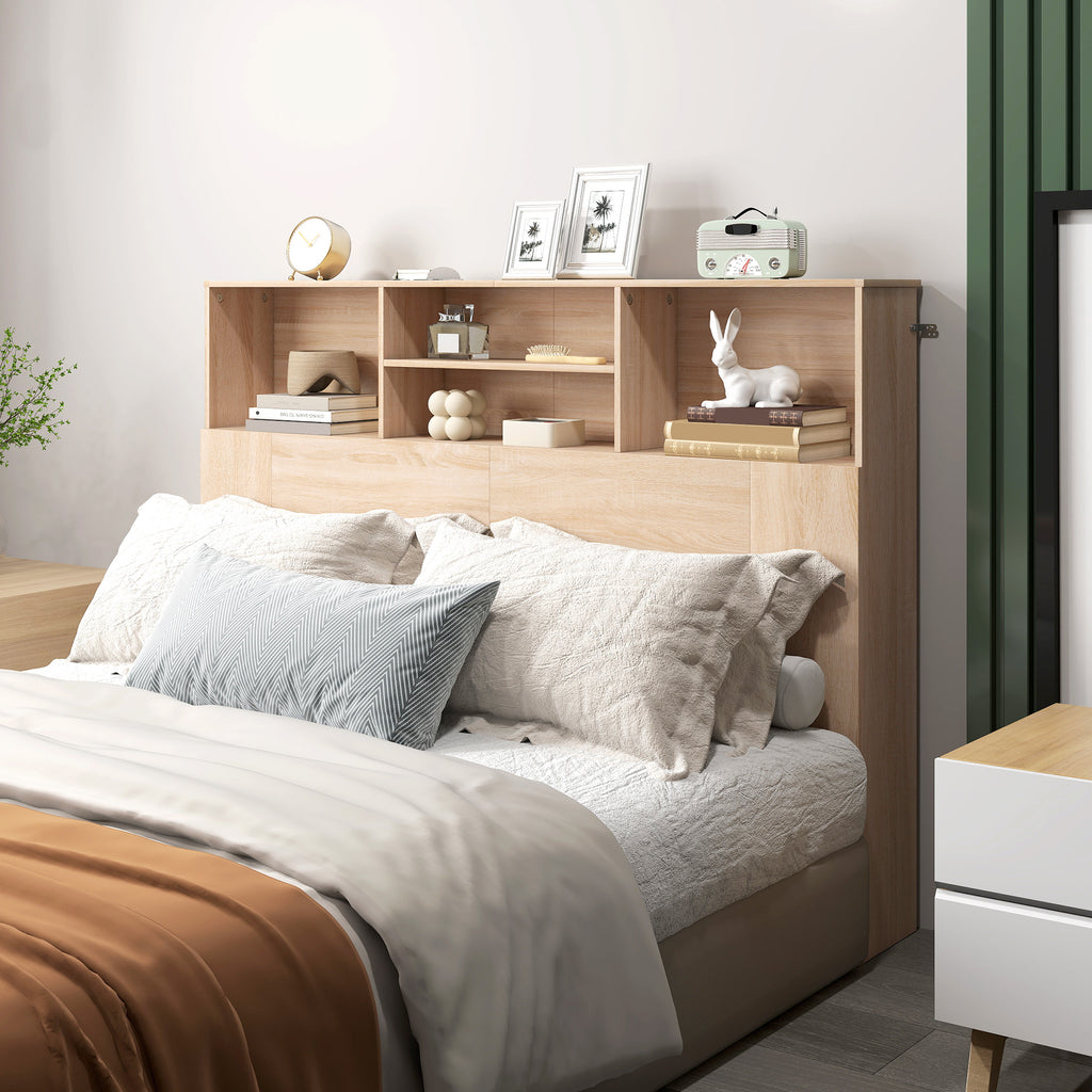 Tête de lit sur pied avec rangements, accessoire de lit 4 compartiments ouverts, 140 x 19 x 103,5 cm, effet bois naturel-6
