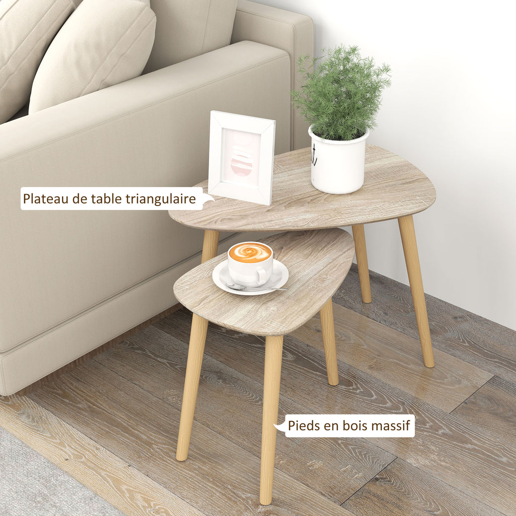 Lot de 2 tables basses gigognes design scandinave pieds en bois et plateau en bois, aspect naturel-4