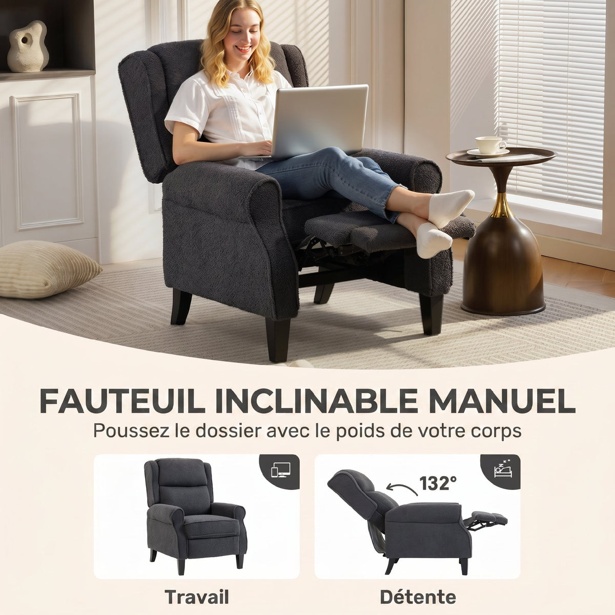 Fauteuil relax inclinable en polaire Teddy, fauteuil de relaxation avec repose-pieds extensible, assise rembourrée, gris-3