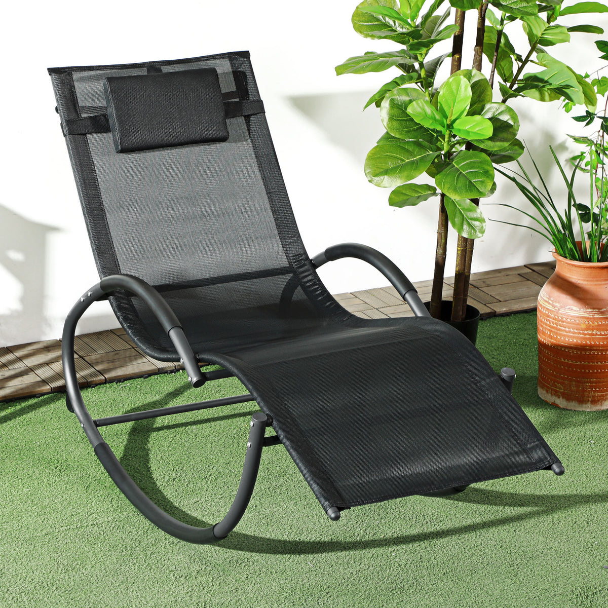 Chaise longue à bascule avec tétière utilisation extérieure intérieure noir-1