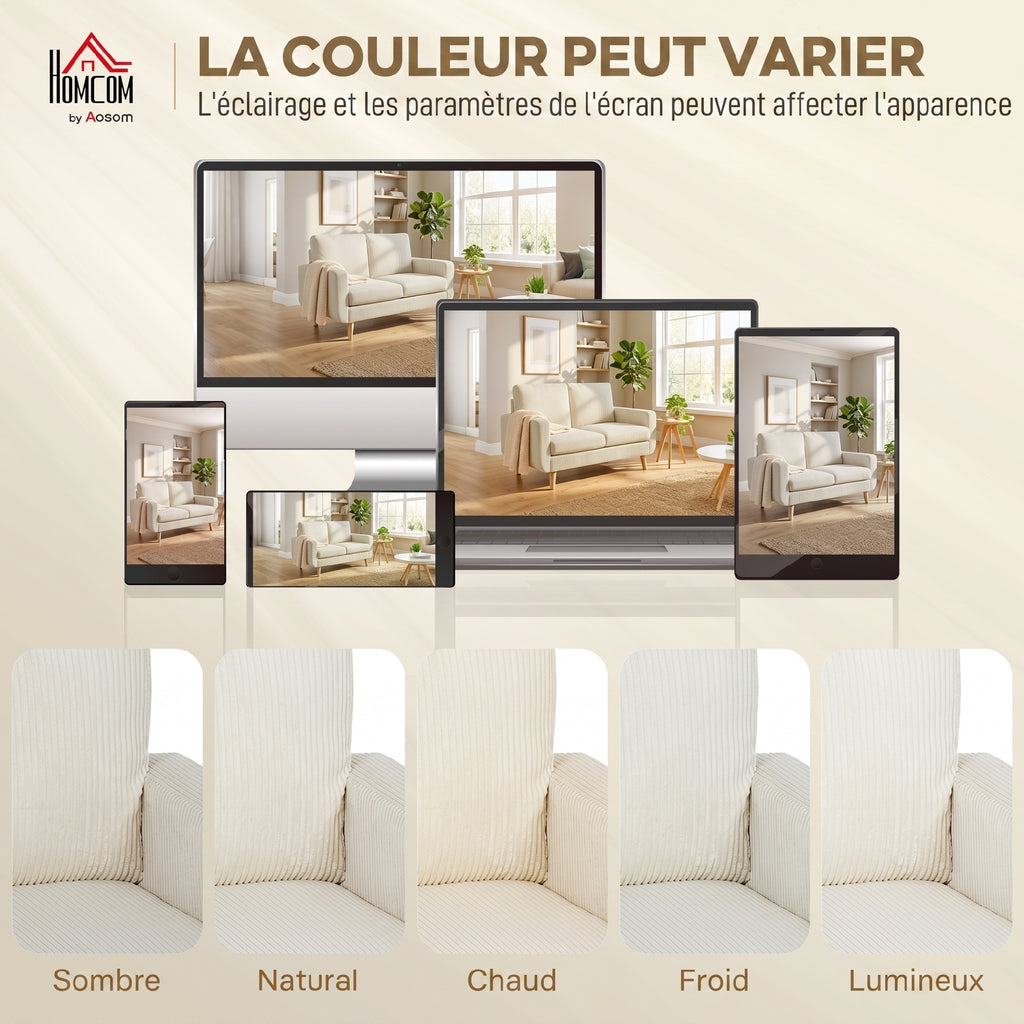 Canapé 2 places en velours côtelé, canapé de salon moderne 134 cm, assise rembourrée, coussin à ressorts, crème-5
