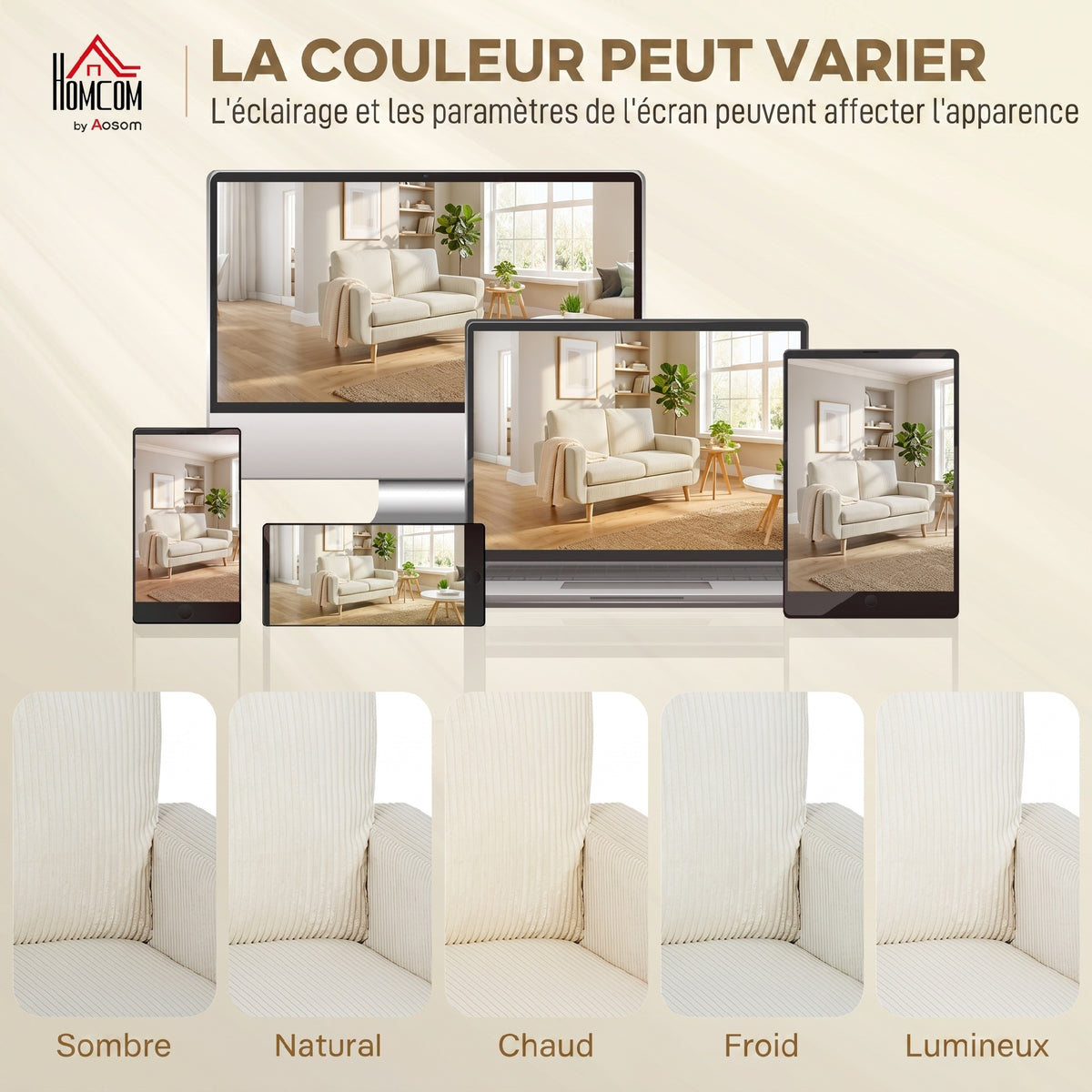 Canapé 2 places en velours côtelé, canapé de salon moderne 134 cm, assise rembourrée, coussin à ressorts, crème-5