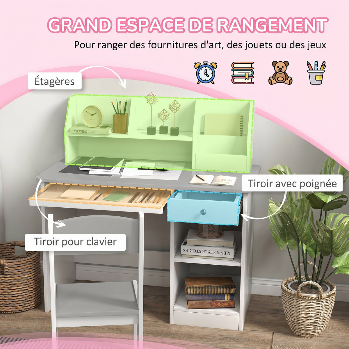 Bureau enfant avec chaise ergonomique avec clavier coulissant tiroir niches et étagères ouvertes 90 x 45 x 90 cm gris-3