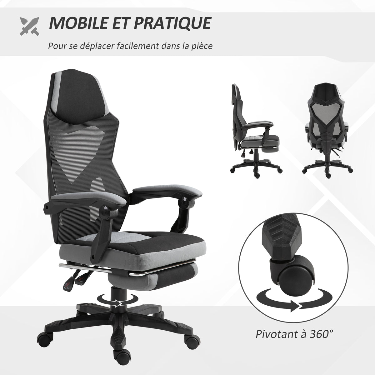 Chaise de bureau fauteuil gaming hauteur réglable dossier roulettes pivotantes repose-pied tissu en maille 58L x 63l x 112-122H cm gris noir-5