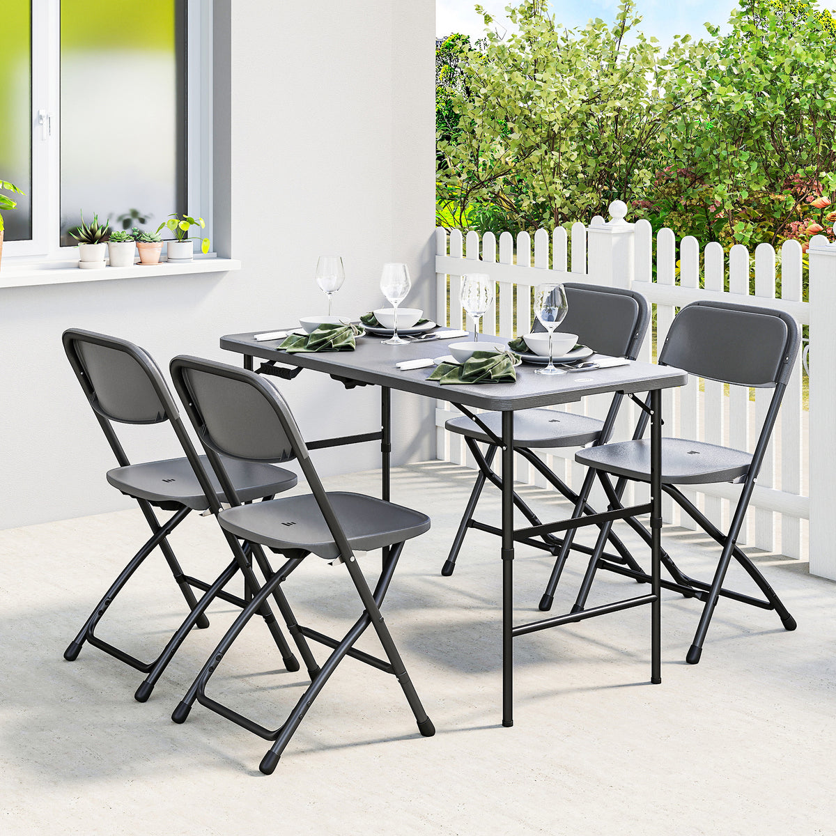 Salon de jardin extérieur table de jardin extérieure avec 4 chaises pliables table réglable en hauteur 118 cm gris foncé-1