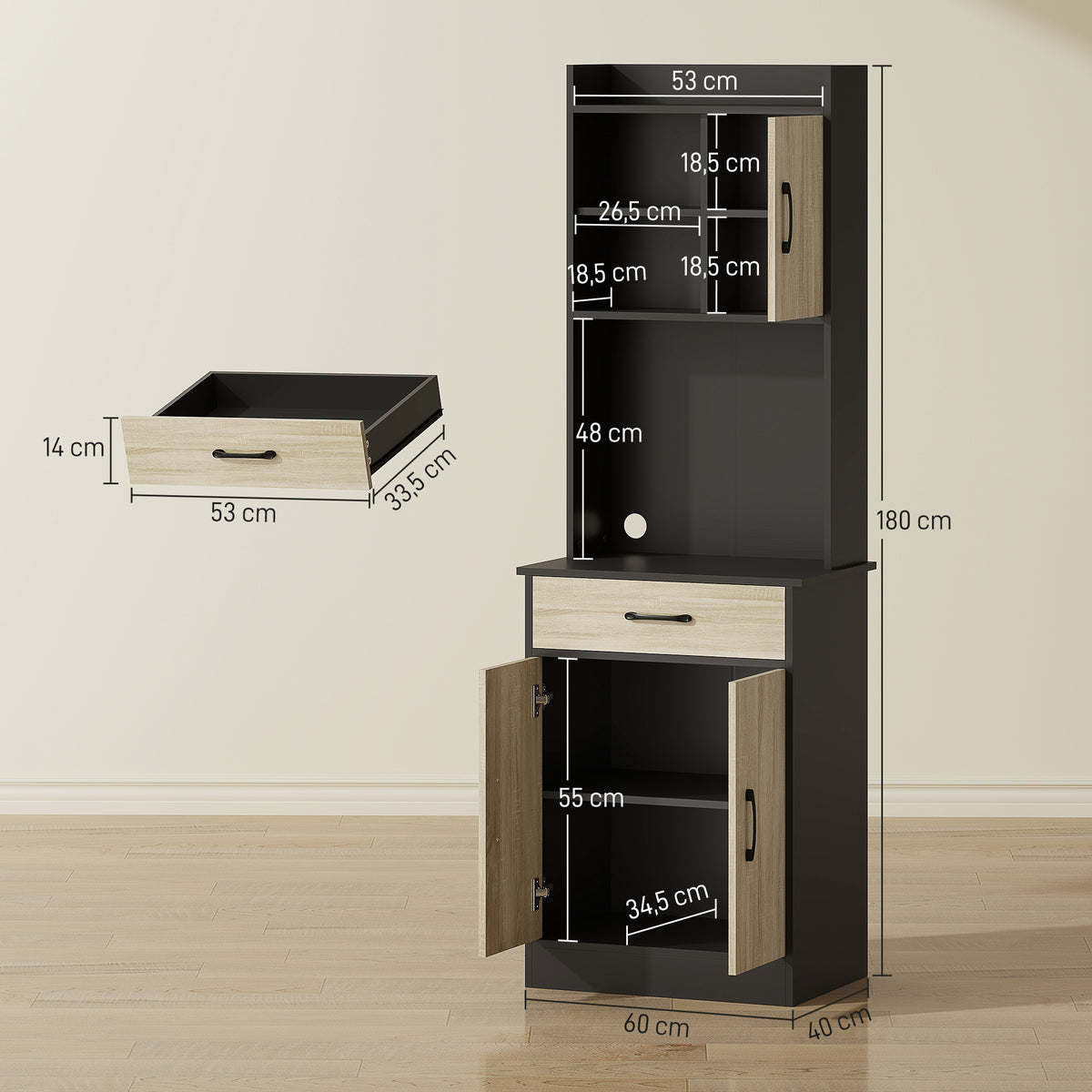 Buffet haut cuisine, armoire de cuisine, tiroir, 3 portes, étagères ouvertes, plan de travail, 60x40x180cm, bois naturel-2