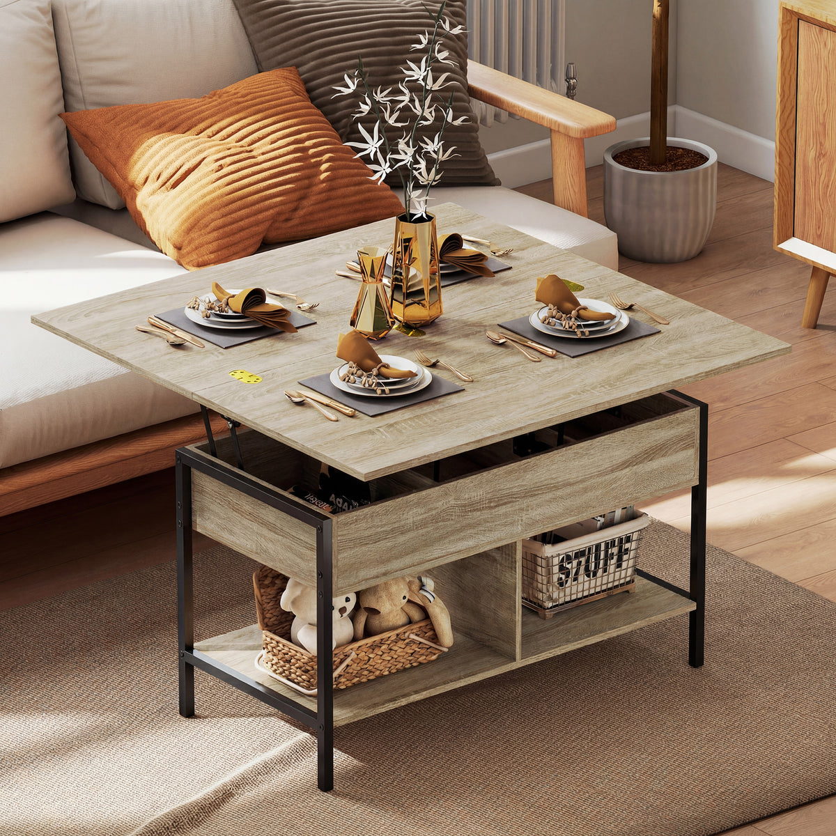 Table basse relevable et extensible, table de salon avec compartiment caché étagères ouvertes, 98x49x55cm, bois naturel-9