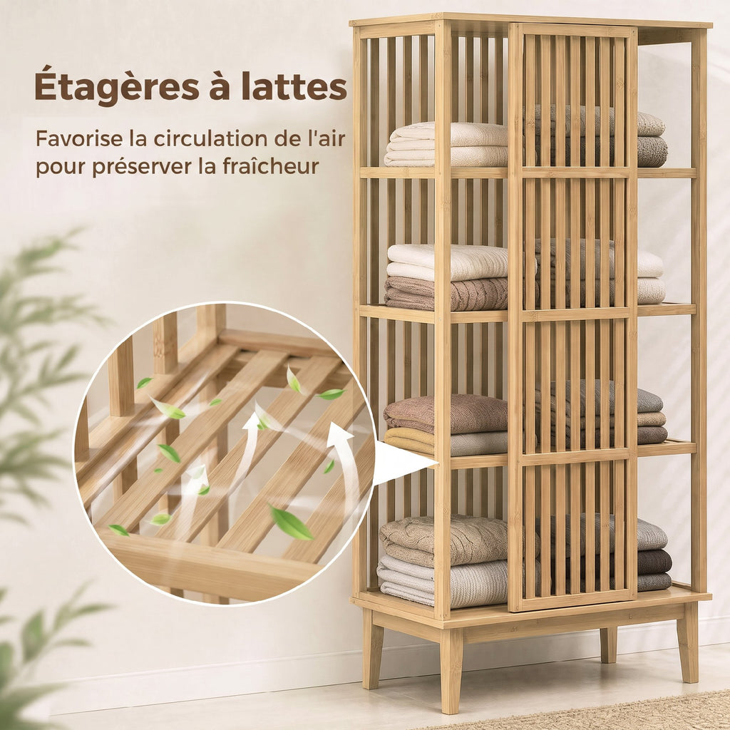 Armoire Chambre Penderie en Bambou 5 Niveaux avec Porte Coulissante, Design Aéré à Lattes, Bois Naturel-6