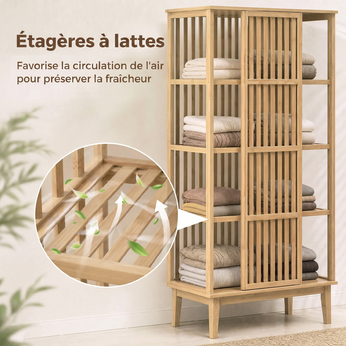 Armoire Chambre Penderie en Bambou 5 Niveaux avec Porte Coulissante, Design Aéré à Lattes, Bois Naturel-6
