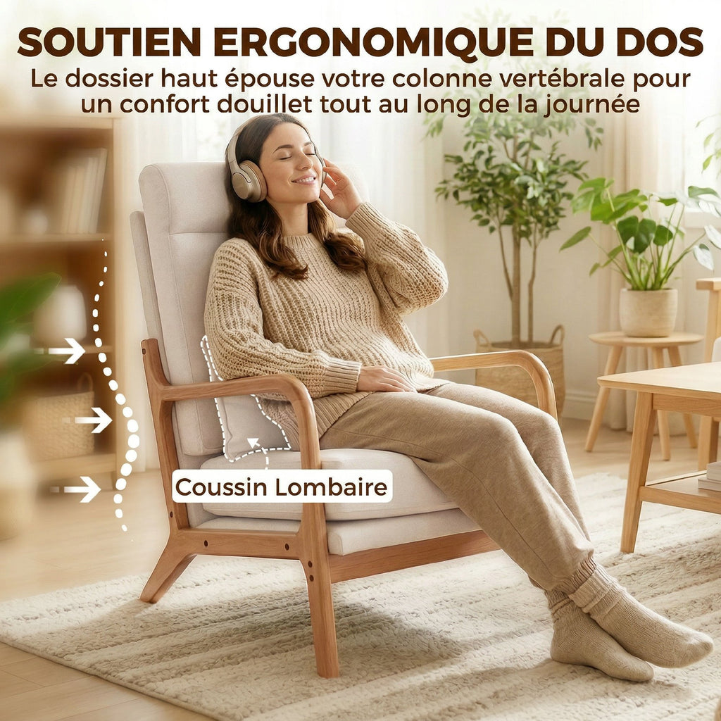Fauteuil salon, fauteuil d'appoint rembourré en lin avec large assise, support lombaire, haut dossier, 64x86x93cm, crème-5