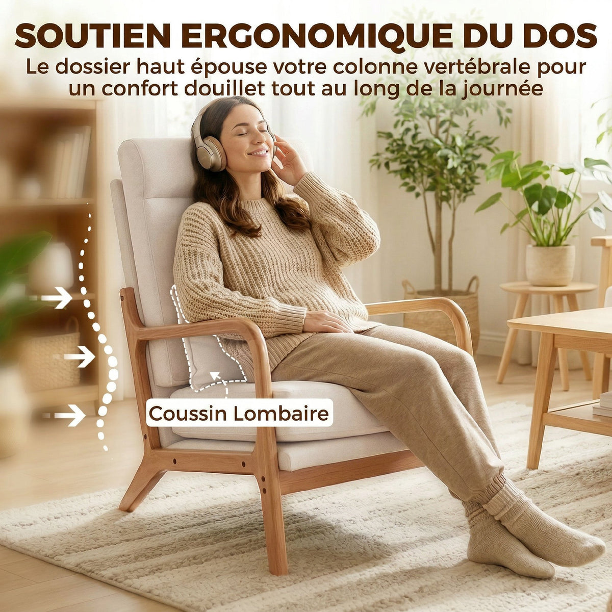 Fauteuil salon, fauteuil d'appoint rembourré en lin avec large assise, support lombaire, haut dossier, 64x86x93cm, crème-5
