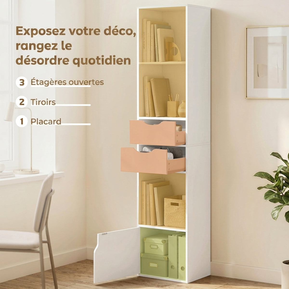 Bibliothèque étagère de rangement avec porte, 2 tiroirs, compartiments ouverts et étagère réglable, 30x24x158cm, blanc-4
