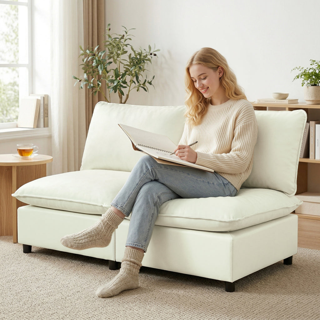 Canapé 2 places modulable, canapé de salon moderne 146 cm sans accoudoirs avec assise large, coussins épais, crème-8