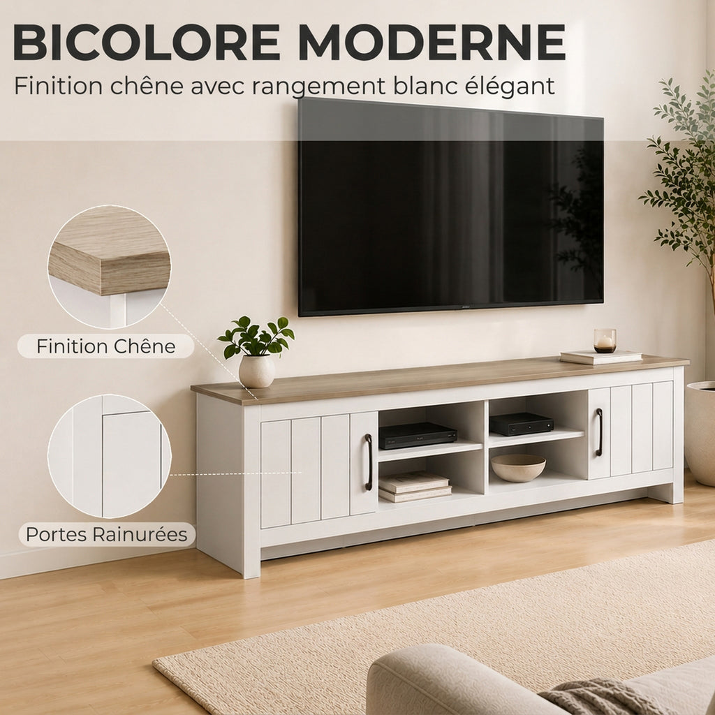Meuble TV 175 cm, Meuble Télé pour Téléviseur jusqu'à 55 Pouces avec 2 Portes et 4 Compartiments Ouverts, Chêne et Blanc-3