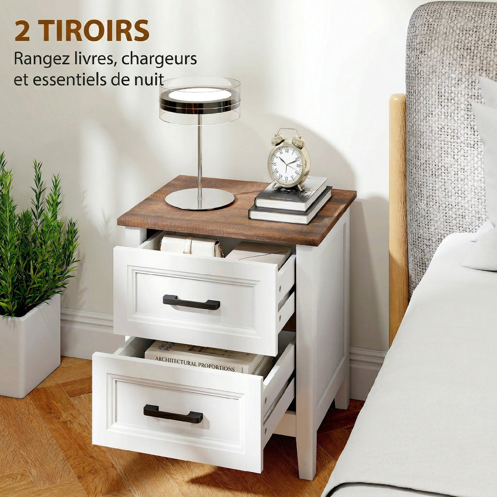 Table de chevet, table de nuit avec 2 tiroirs, plateau effet bois, style rustique, pour chambre à coucher, salon, blanc-3