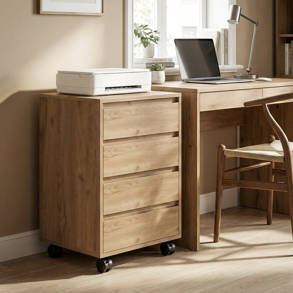 Caisson de bureau rangement bureau sur roulettes 4 tiroirs coulissants en bois aspect bois marron-9
