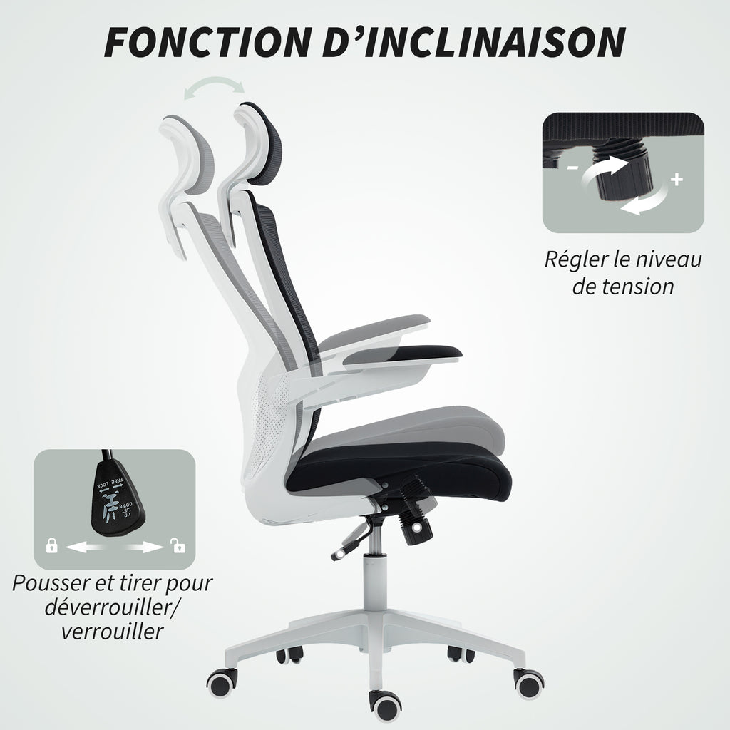 Chaise bureau ergonomique, fauteuil de bureau, accoudoirs relevables, soutien lombaire, appui-tête, 60x63x120cm, noir-7