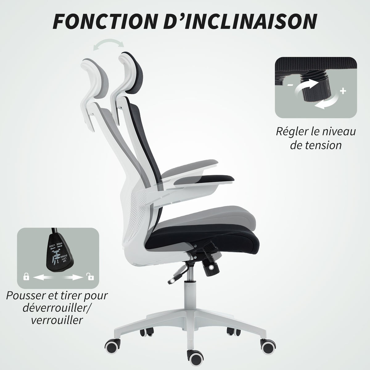 Chaise bureau ergonomique, fauteuil de bureau, accoudoirs relevables, soutien lombaire, appui-tête, 60x63x120cm, noir-7