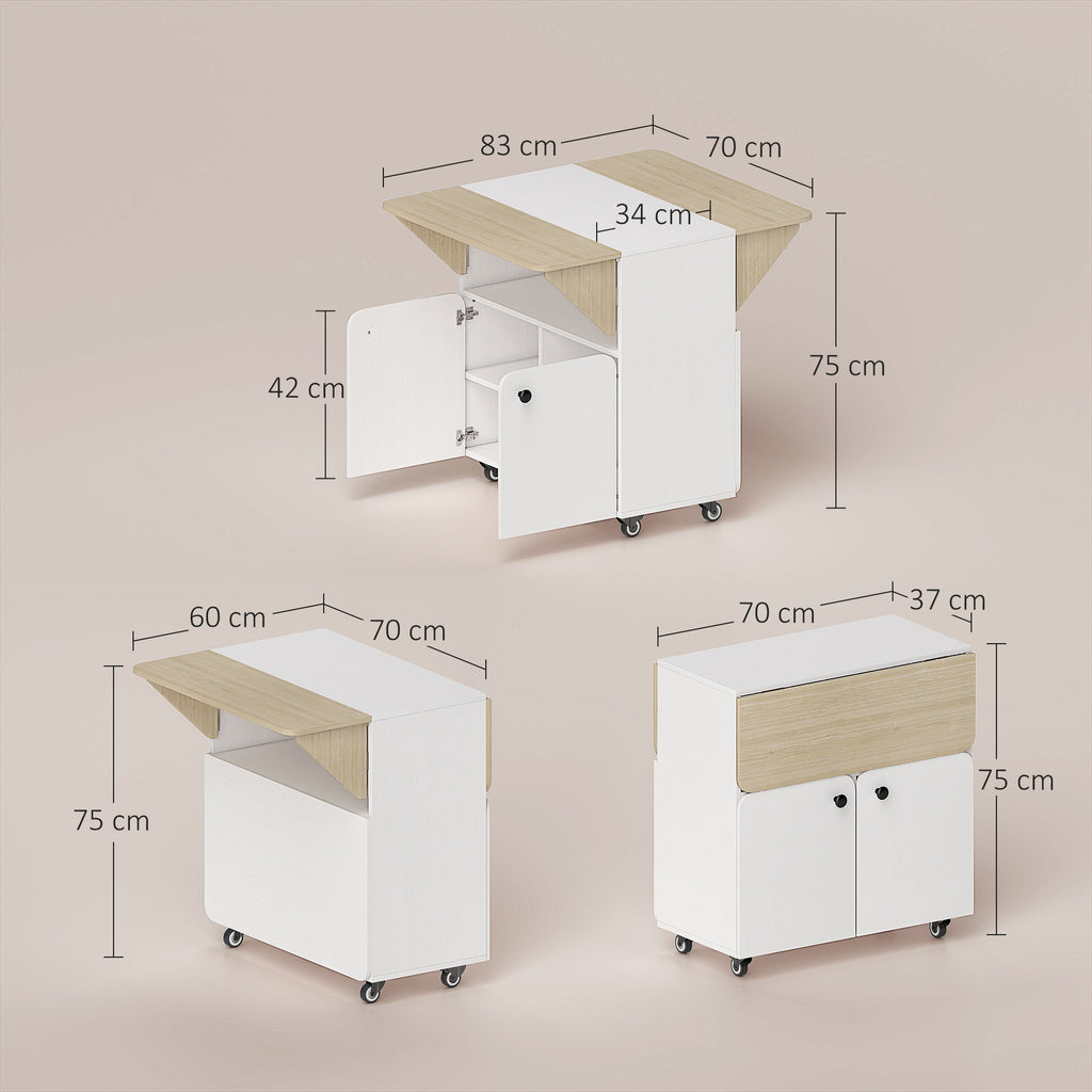 Table à manger pliante sur roulettes, table de cuisine 4 personnes, 2 abattants, étagère, placard, 70x83x75cm, blanc-2