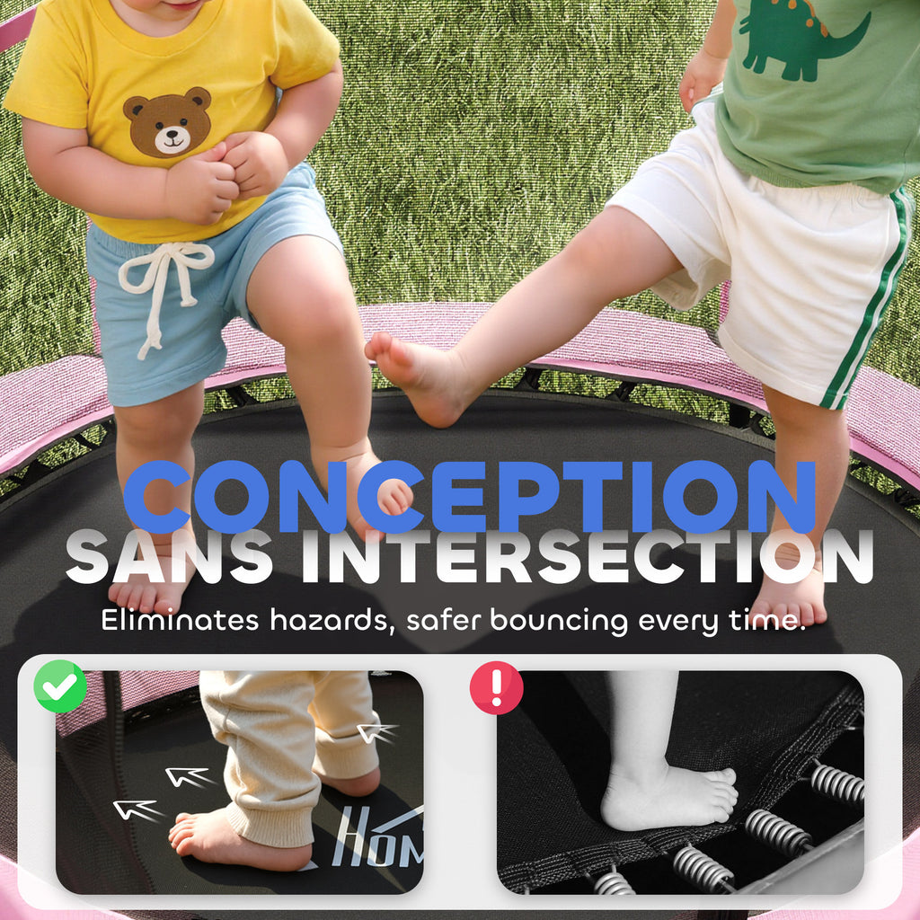 Trampoline Enfant Ø 1,40 × 1,90H m Filet de sécurité Porte zipée Couvre-Ressorts 6 poteaux rembourrés Inclus Rose-4
