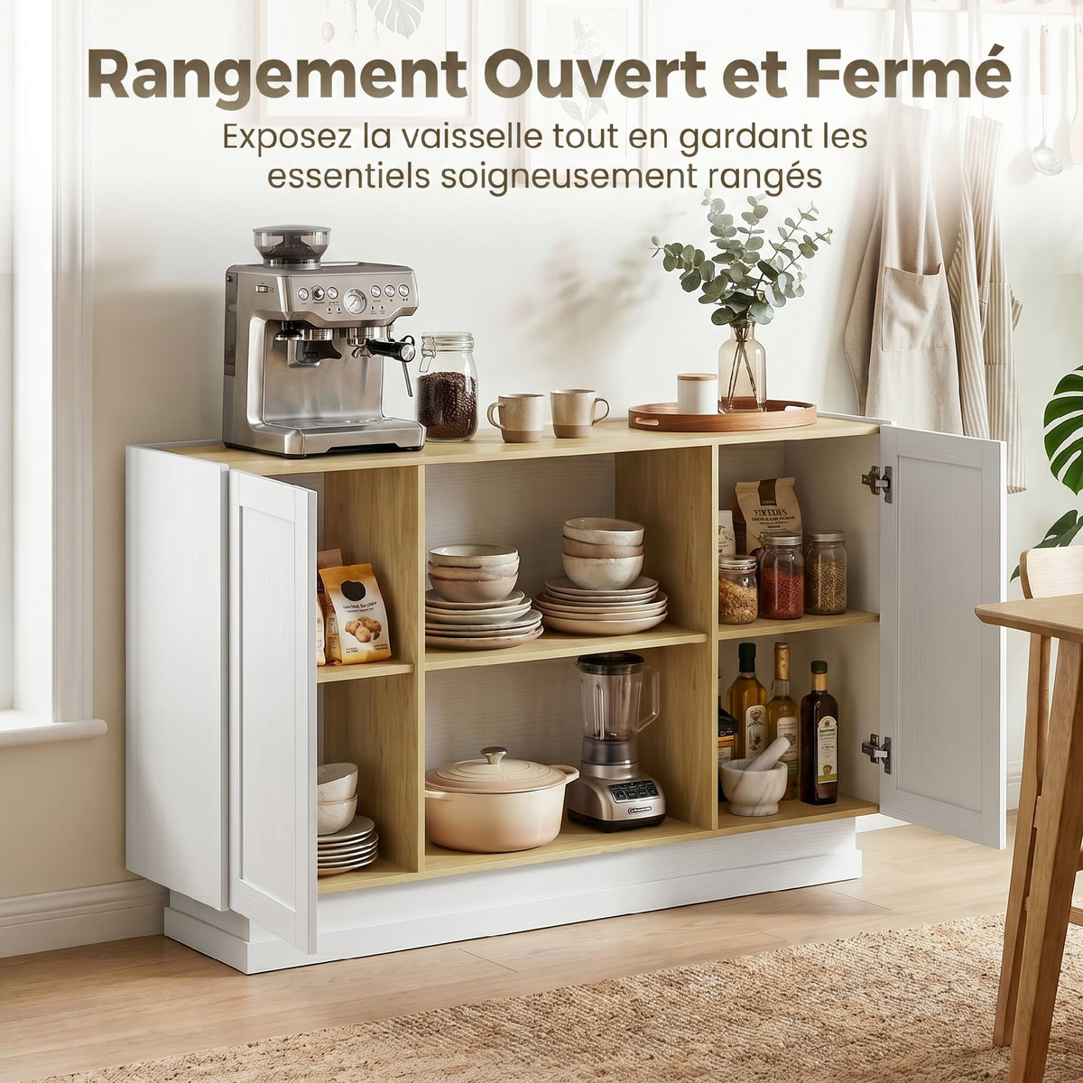Buffet Cuisine, Meuble de Rangement avec 2 Portes et 2 Étagères Ouvertes, 133 x 35 x 79,7 cm, Bois Naturel et Blanc-3