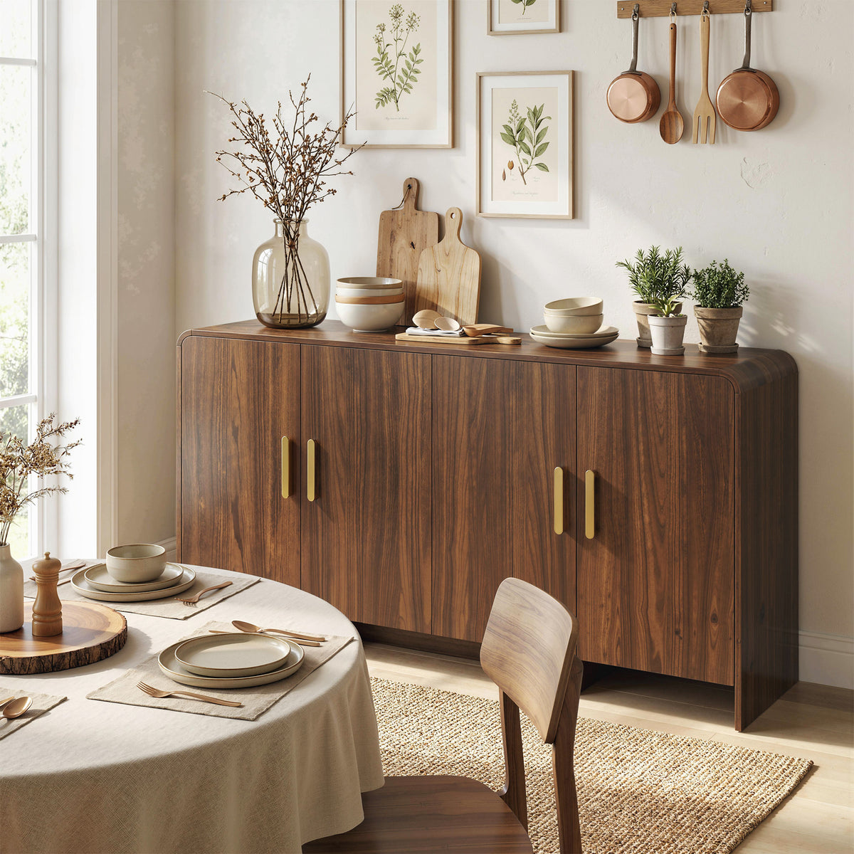 Buffet cuisine, meuble de rangement avec 4 portes à fermeture douce, 4 compartiments et bords arrondis, 152x40x80cm, noyer-1