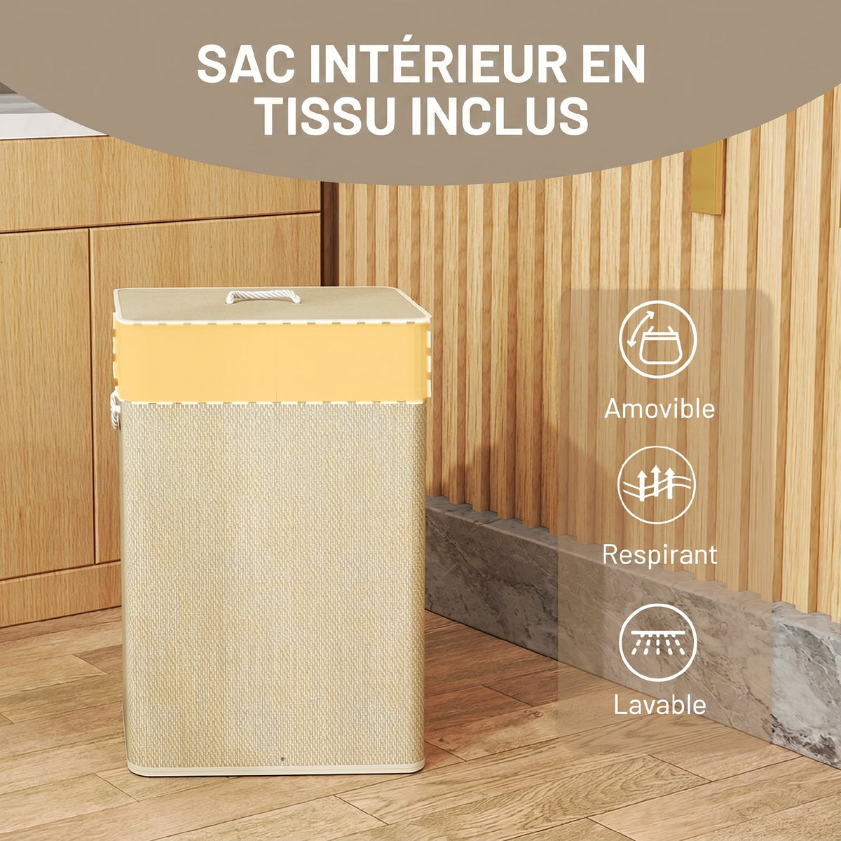 Panier à linge 72 L, corbeille à linge sale en bambou avec couvercle, poignées en corde, doublure amovible, crème-6