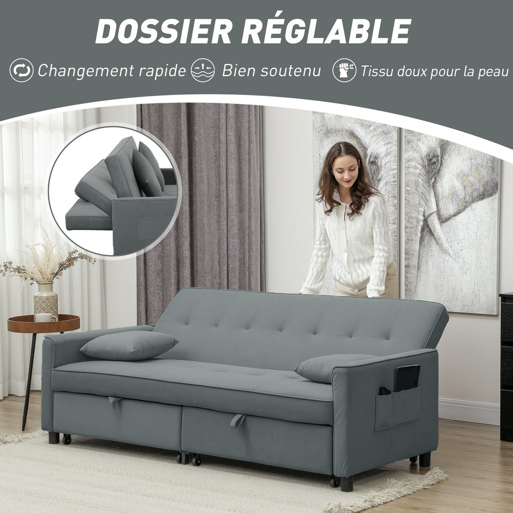 Canapé convertible 3 places canapé-lit clic-clac réversible avec dossier réglable et coussins, 196 x 90 x 89 cm, gris-5
