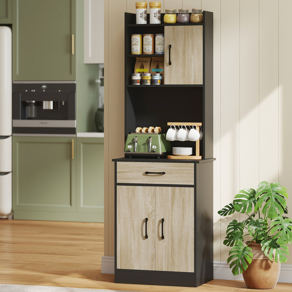Buffet haut cuisine, armoire de cuisine, tiroir, 3 portes, étagères ouvertes, plan de travail, 60x40x180cm, bois naturel-1