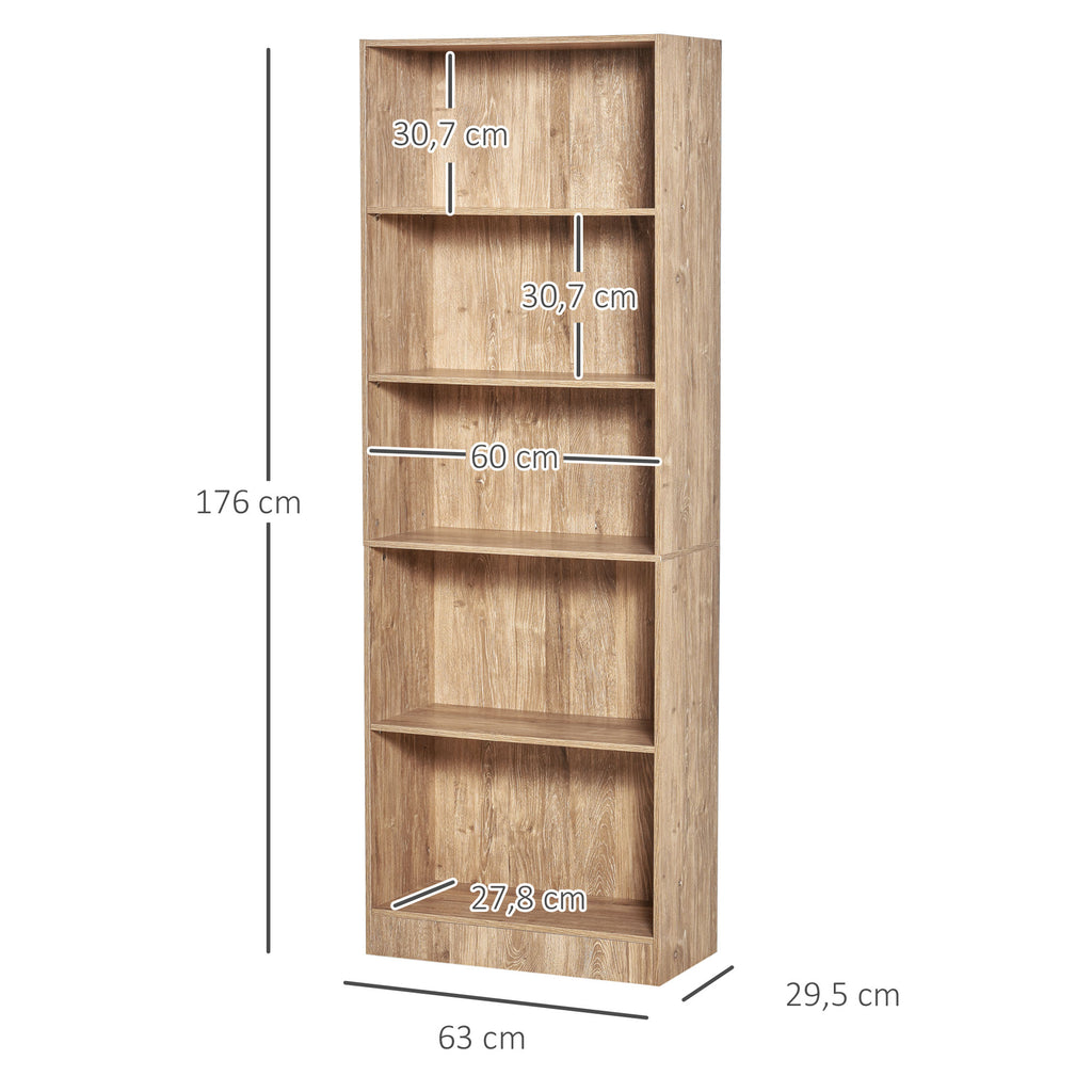 Bibliothèque, étagère de rangement à 5 niveaux avec étagères réglables, 63 x 29,2 x 176 cm, bois naturel-2