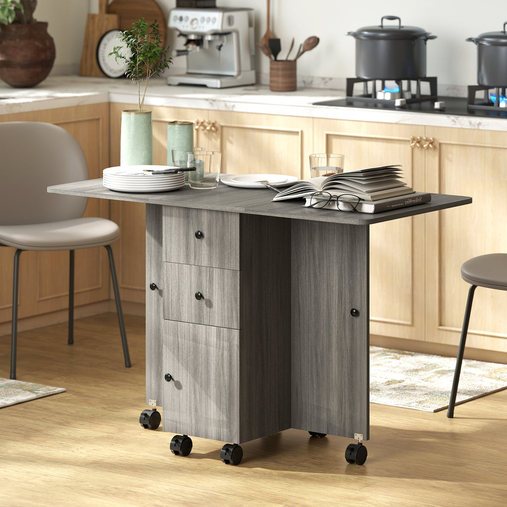 Table de cuisine pliable table à manger pliante 2 plateaux rabattables avec 2 tiroirs 1 placard gris-1